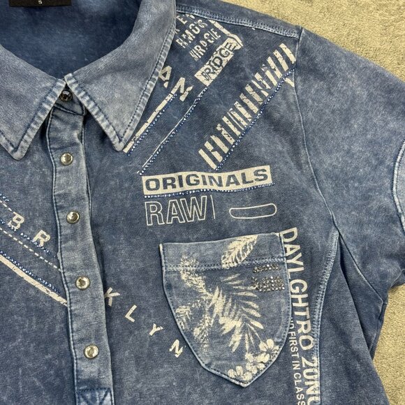 RARE G-Star Raw Womens Rhinestone Western Denim Stone Wash Polo Shirt Y2K Ombre - Picture 4 of 10